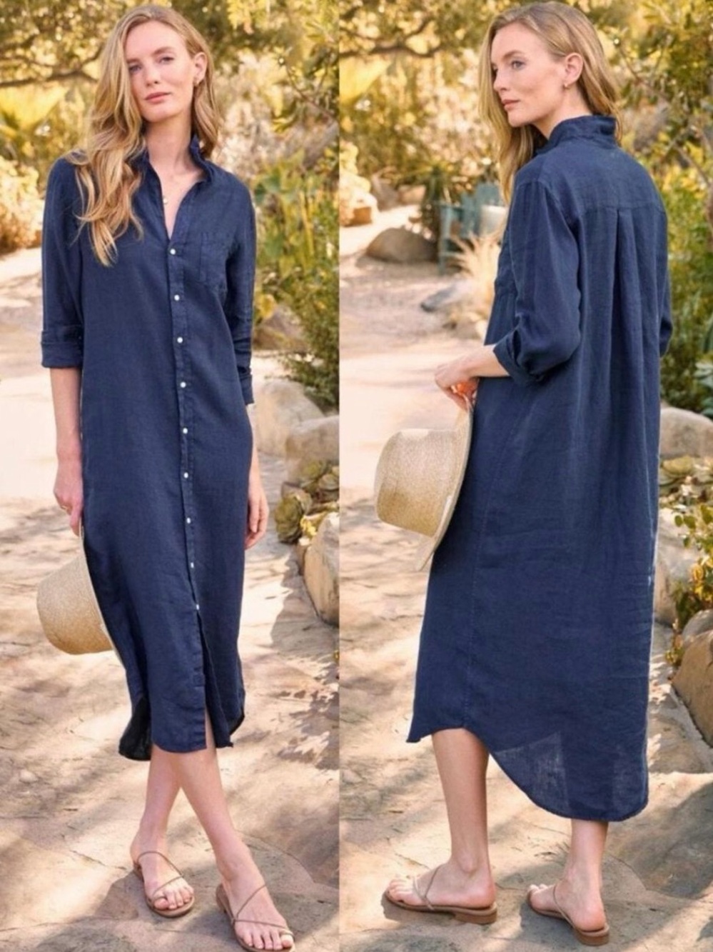 Frank & Eileen Navy Rory Button-Front Linen Maxi Dress
